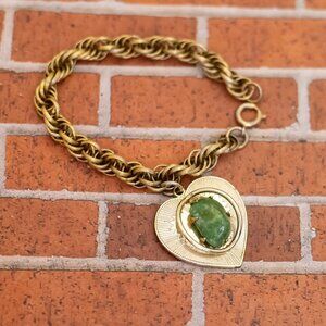 7 inch, Vintage Love Heart Green Bead Gold Tone Bracelet by Coro - W28